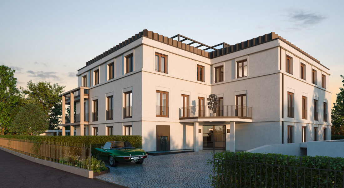 Mehrfamilienhaus beige mit Auto